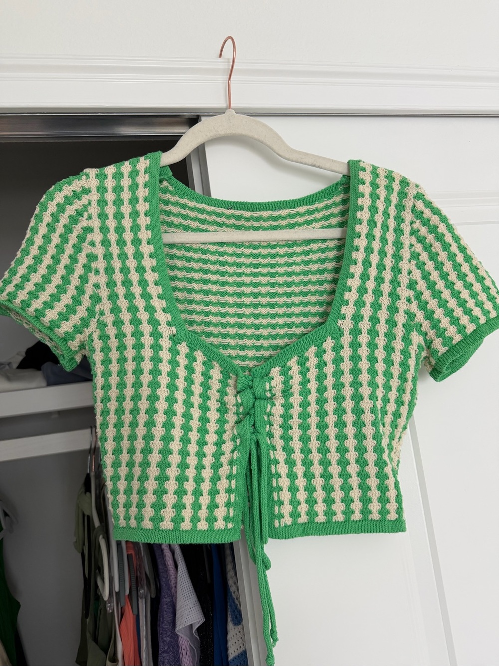 Green & Cream Knit Cropped Tie-Front Top